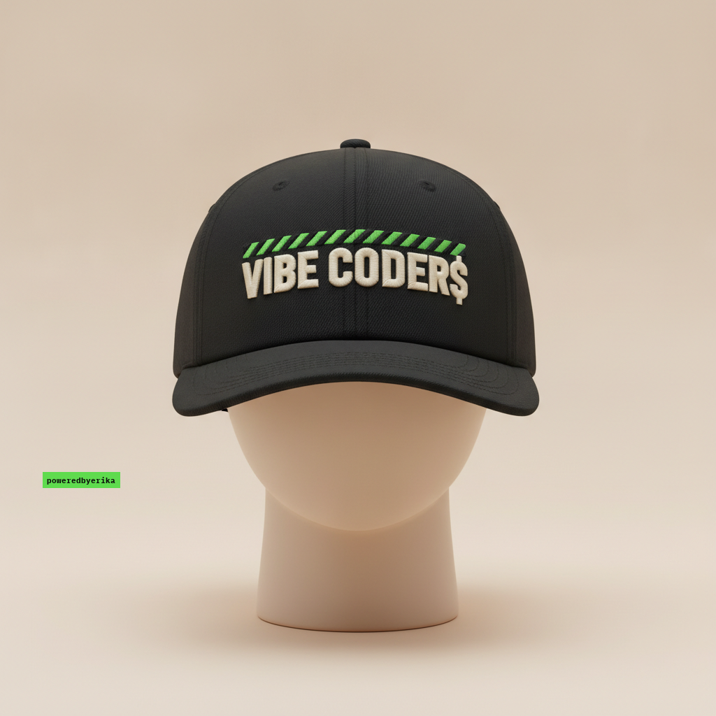 Vibe Coder$ hat in black, embroidered with VIBE CODER$ in cream under a green striped bar, on a mannequin head