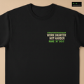 Work Smarter, Not Harder fitted tee in black, close up of the WORK SMARTER NOT HARDER MAKE AI DO IT chest print in cream and green