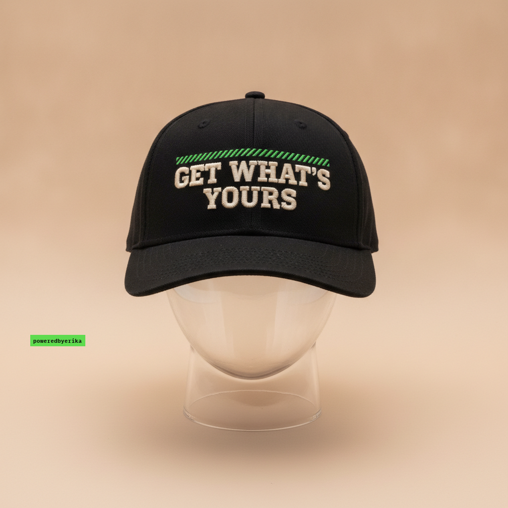 Get What's Yours hat in black, embroidered with GET WHAT'S YOURS in cream under a green striped bar, on a clear mannequin head