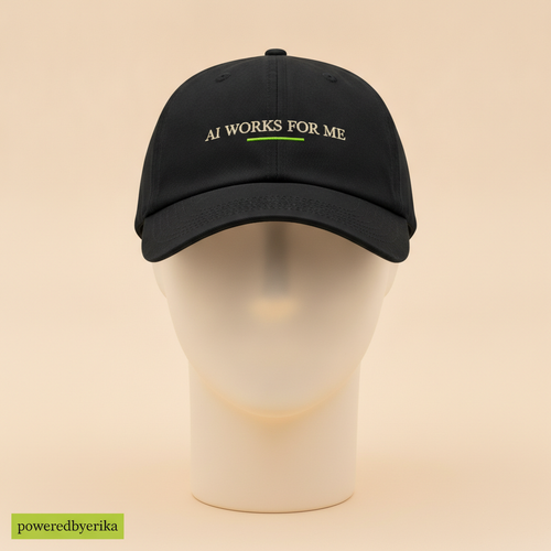 AI Works For Me, I Don't Work For It hat in black, embroidered with AI WORKS FOR ME and a green underline, on a foam mannequin head