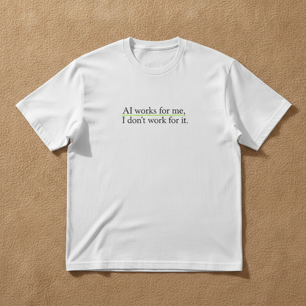 AI Works For Me, I Don't Work For It tee in white, printed with the phrase in small gray serif lettering, laid flat