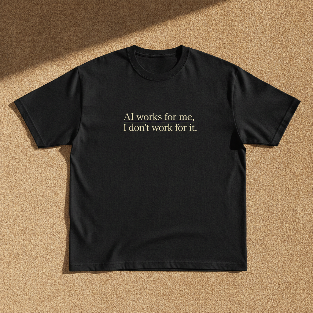 AI Works For Me, I Don't Work For It tee in black, printed with the phrase in small cream serif lettering, laid flat