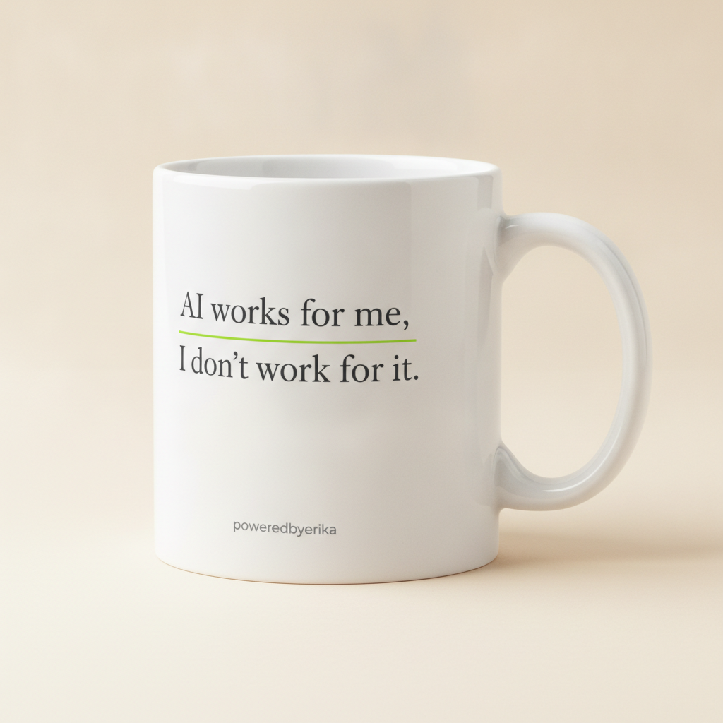 AI Works For Me, I Don't Work For It mug in white, printed with the phrase in black serif lettering with a green underline