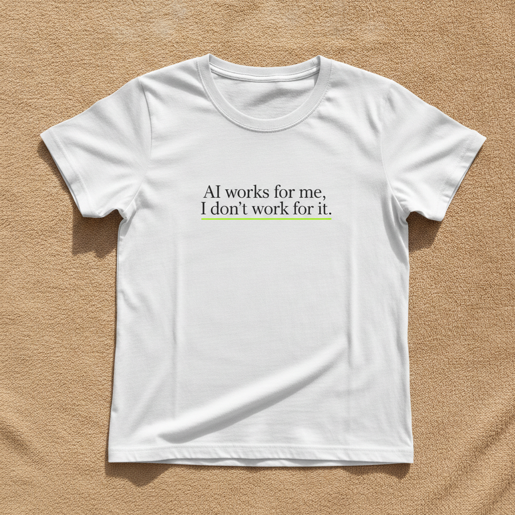 AI Works For Me, I Don't Work For It fitted tee in white, printed with the phrase in small black serif lettering with a green underline, laid flat