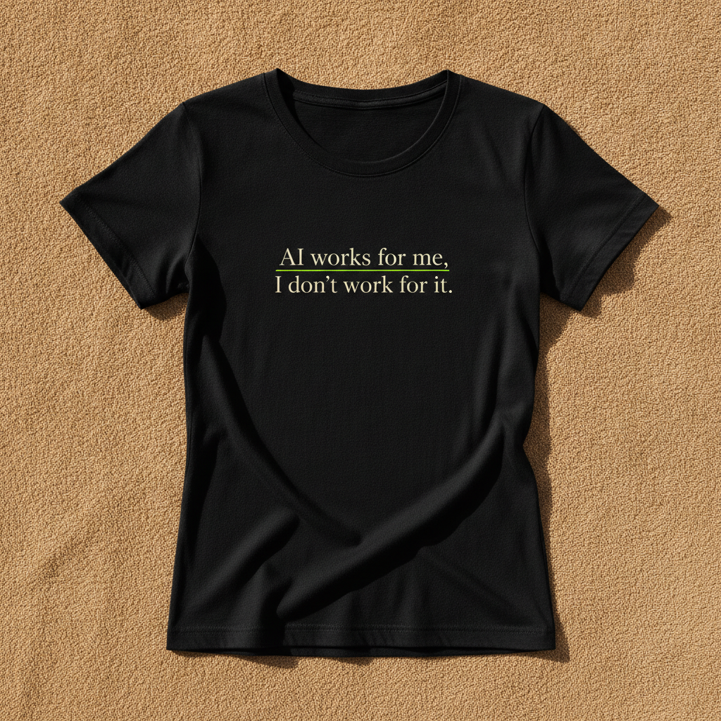 AI Works For Me, I Don't Work For It fitted tee in black, printed with the phrase in small cream serif lettering, laid flat