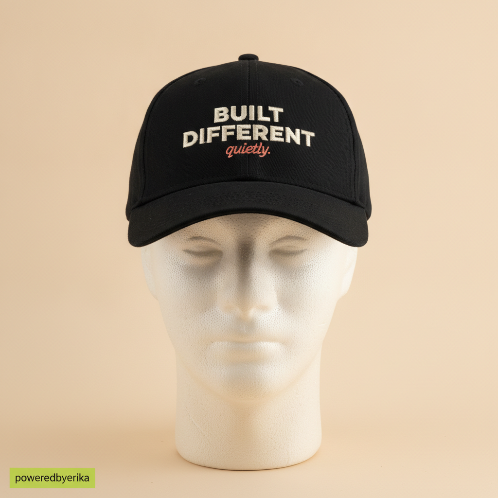 Built Different hat in black, embroidered with BUILT DIFFERENT and quietly. in coral, on a foam mannequin head