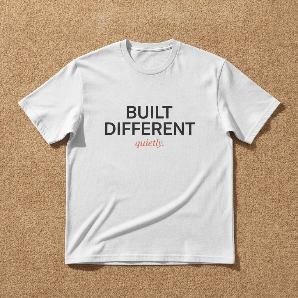 Built Different tee in white, printed with BUILT DIFFERENT in gray and quietly. in coral, laid flat on a tan background