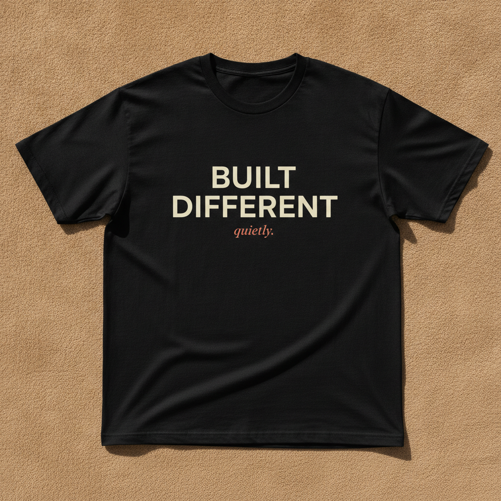 Built Different tee in black, printed with BUILT DIFFERENT in cream and quietly. in coral, laid flat on a tan background