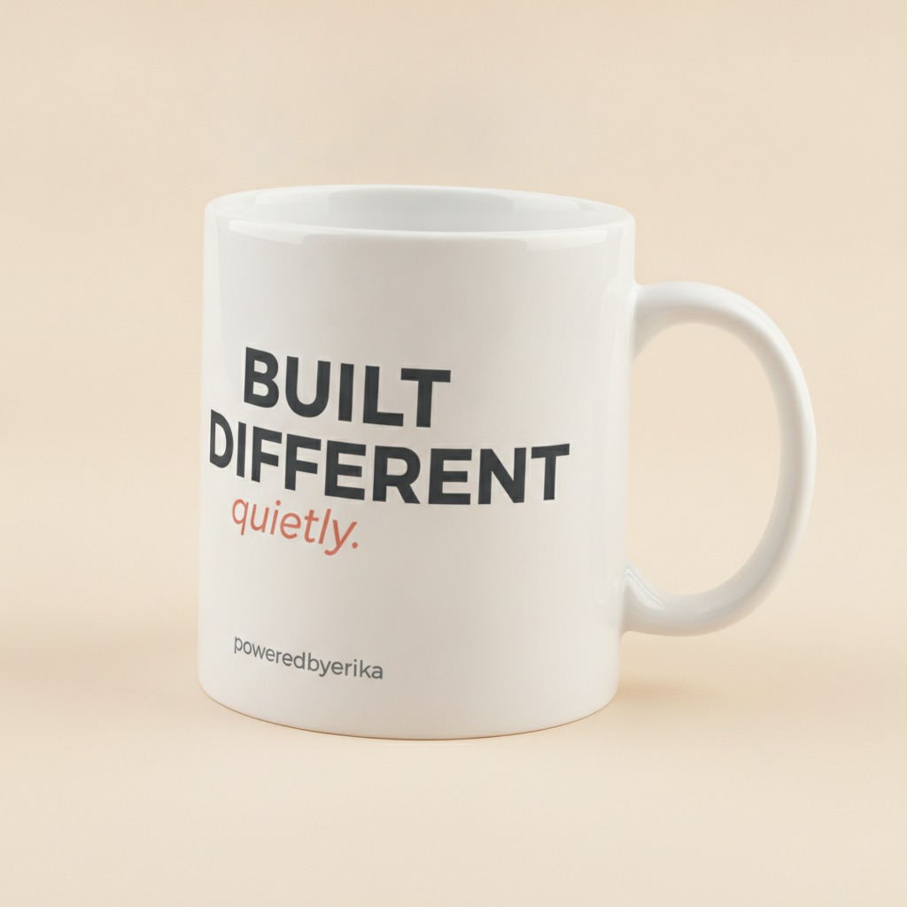 Built Different mug in white, printed with BUILT DIFFERENT in bold gray letters and quietly. in coral script