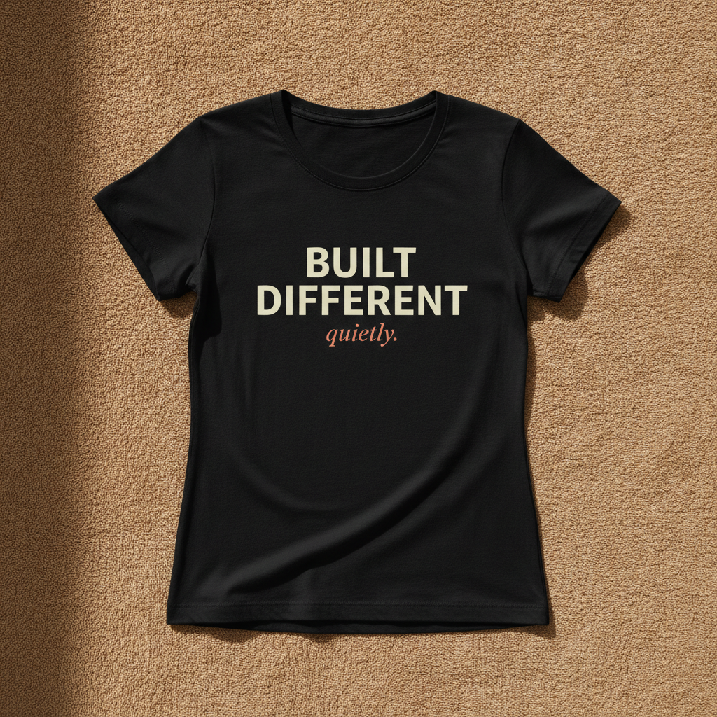 Built Different fitted tee in black, printed with BUILT DIFFERENT in cream and quietly. in coral, laid flat on a tan background