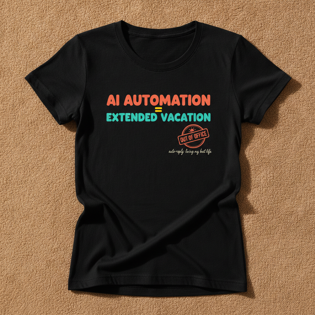 AI Automation = Extended Vacation fitted tee in black, printed in orange and teal with an OUT OF OFFICE stamp, laid flat on a tan background