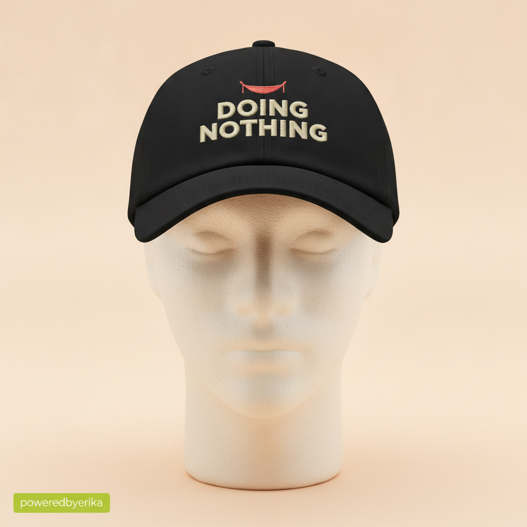 AI Is Working For Me While I Do Nothing hat in black, embroidered with DOING NOTHING and a red hammock, on a foam mannequin head