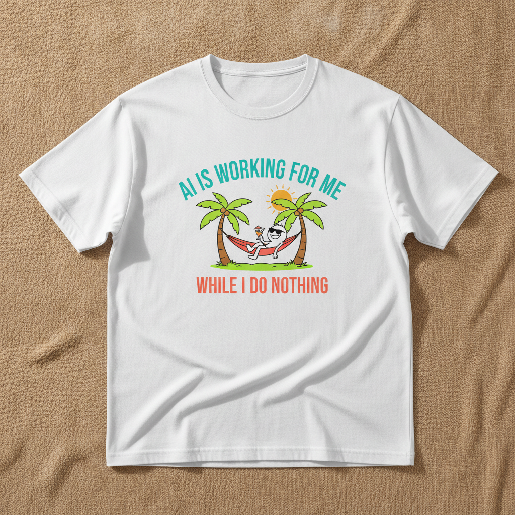 AI Is Working For Me While I Do Nothing tee in white, printed with a cartoon figure relaxing in a hammock between palm trees, laid flat