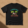 AI Is Working For Me While I Do Nothing tee in black, printed with a cartoon figure relaxing in a hammock between palm trees, laid flat