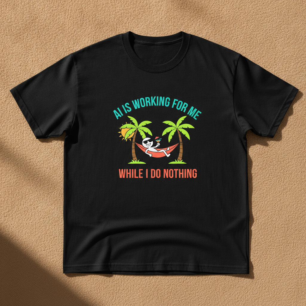 AI Is Working For Me While I Do Nothing tee in black, printed with a cartoon figure relaxing in a hammock between palm trees, laid flat