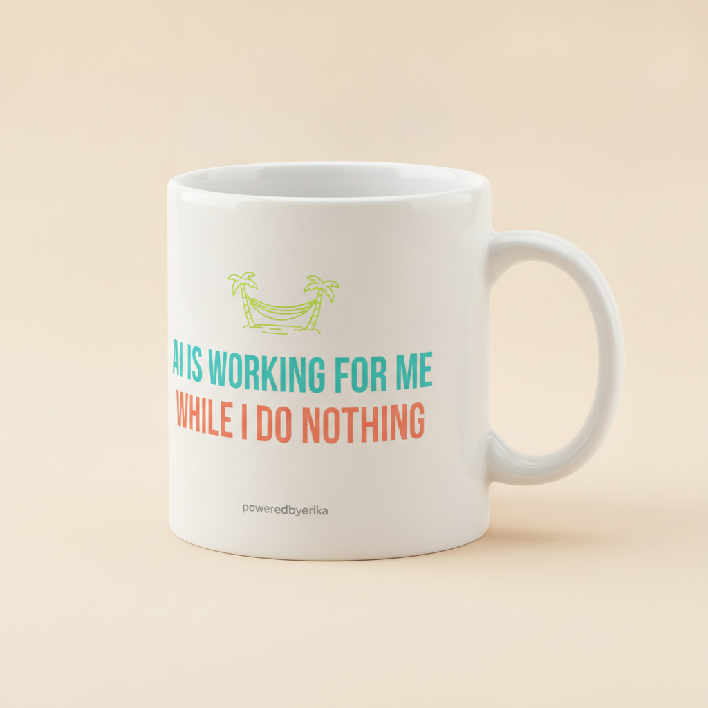 AI Is Working For Me While I Do Nothing mug in white, printed in teal and coral with a small hammock drawing