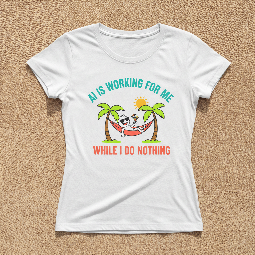 AI Is Working For Me While I Do Nothing fitted tee in white, printed with a cartoon figure relaxing in a hammock between palm trees, laid flat