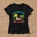 AI Is Working For Me While I Do Nothing fitted tee in black, printed with a cartoon figure relaxing in a hammock between palm trees, laid flat