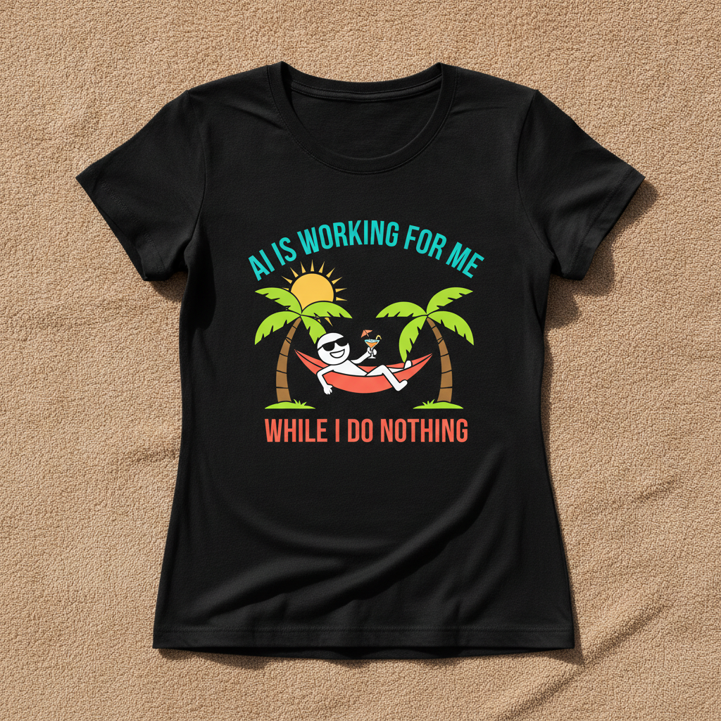 AI Is Working For Me While I Do Nothing fitted tee in black, printed with a cartoon figure relaxing in a hammock between palm trees, laid flat
