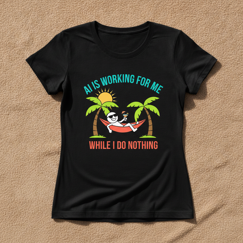 AI Is Working For Me While I Do Nothing fitted tee in black, printed with a cartoon figure relaxing in a hammock between palm trees, laid flat