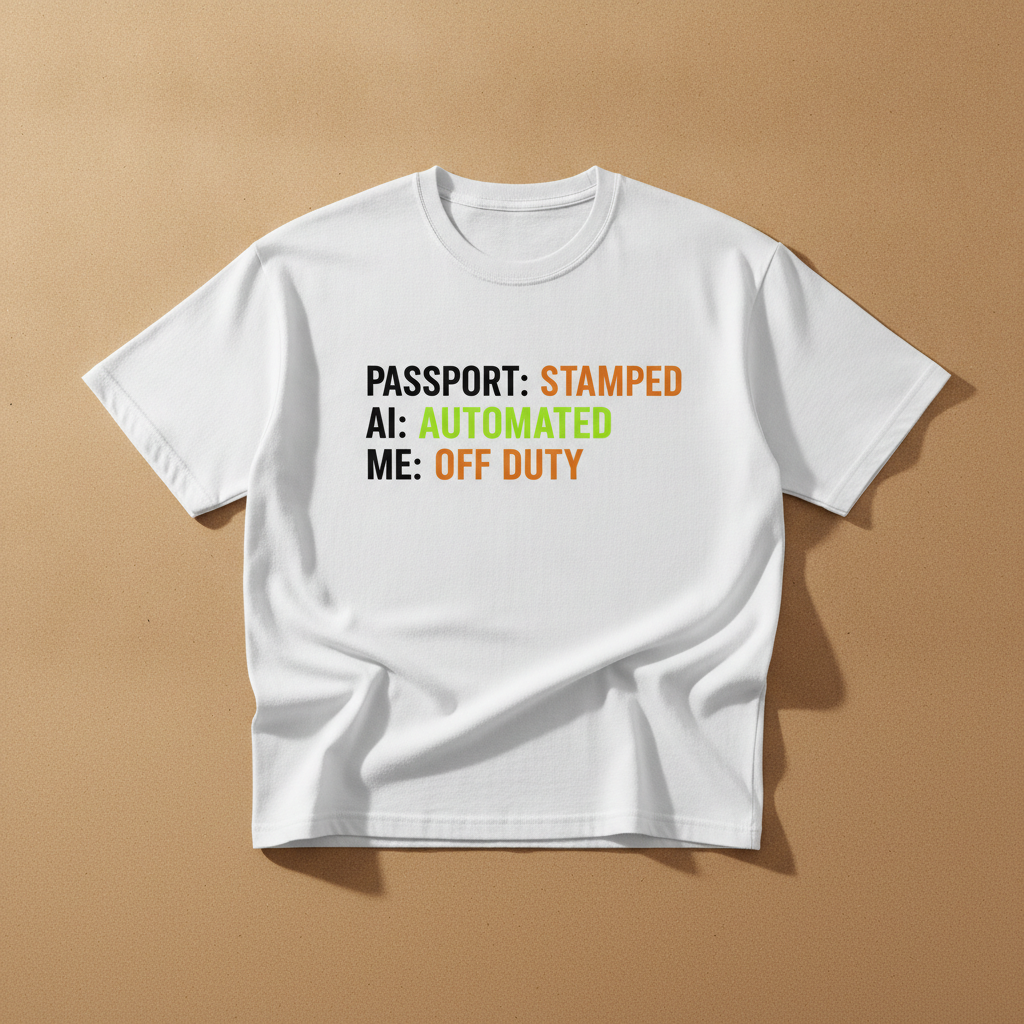 Passport AI Automation Me Time tee in white, printed with PASSPORT: STAMPED, AI: AUTOMATED, ME: OFF DUTY, laid flat
