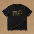 Passport AI Automation Me Time tee in black, printed with PASSPORT: STAMPED, AI: AUTOMATED, ME: OFF DUTY and a stamp ring, laid flat