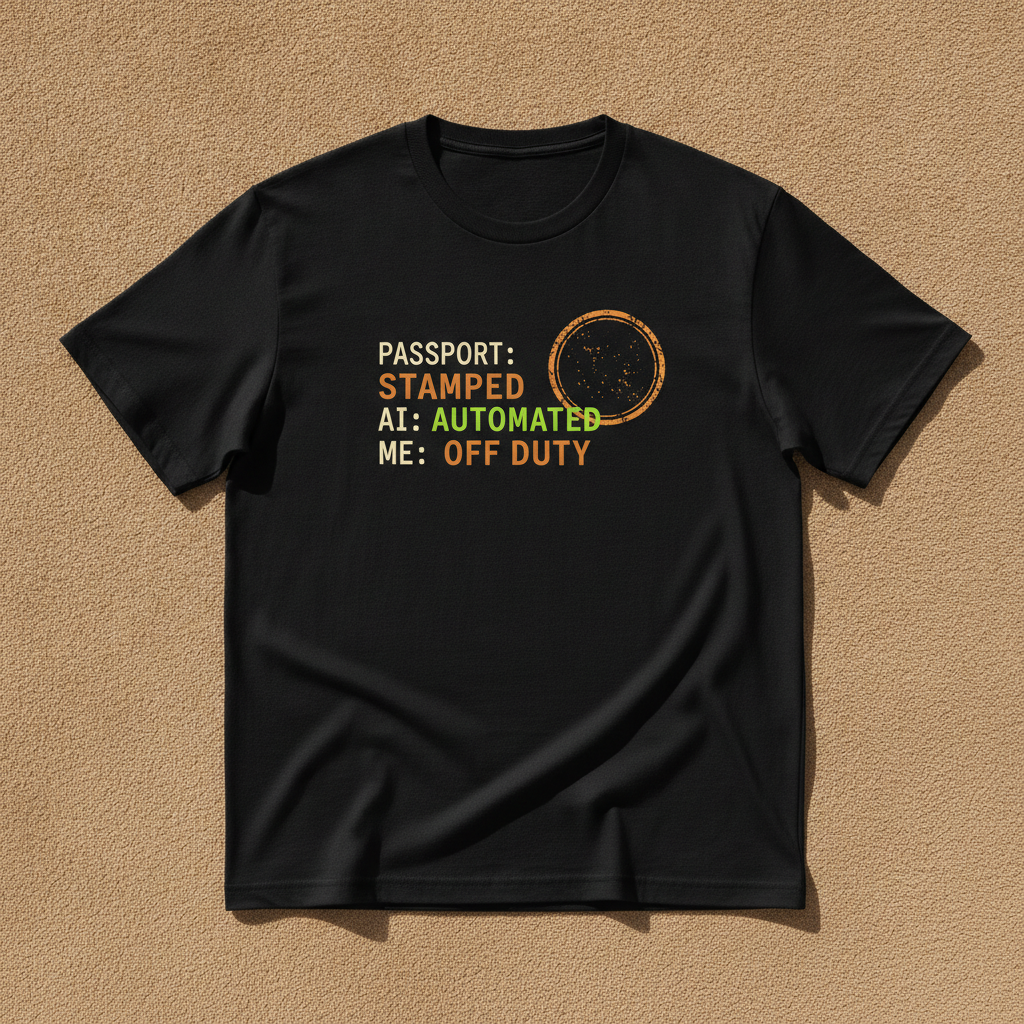 Passport AI Automation Me Time tee in black, printed with PASSPORT: STAMPED, AI: AUTOMATED, ME: OFF DUTY and a stamp ring, laid flat