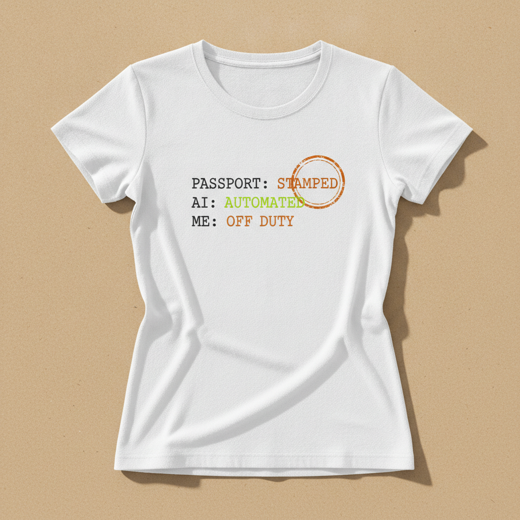 Passport AI Automation Me Time fitted tee in white, printed with PASSPORT: STAMPED, AI: AUTOMATED, ME: OFF DUTY and a stamp ring, laid flat