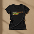 Passport AI Automation Me Time fitted tee in black, printed with PASSPORT: STAMPED, AI: AUTOMATED, ME: OFF DUTY, laid flat