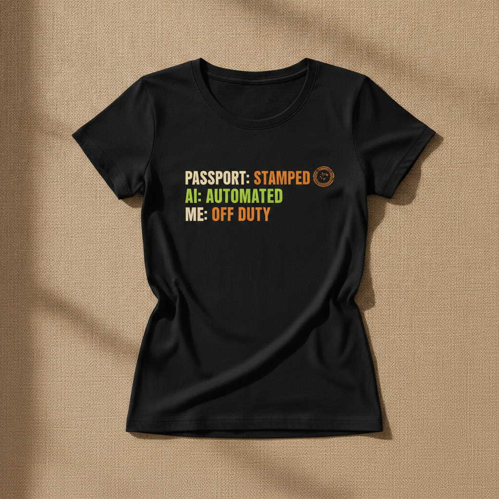 Passport AI Automation Me Time fitted tee in black, printed with PASSPORT: STAMPED, AI: AUTOMATED, ME: OFF DUTY, laid flat