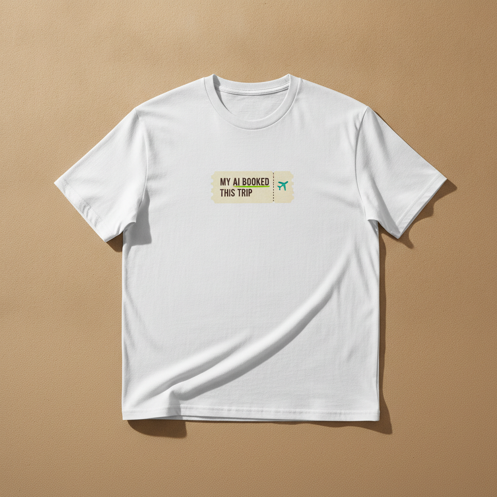 My AI Booked This Trip tee in white, printed with a small boarding pass reading MY AI BOOKED THIS TRIP, laid flat