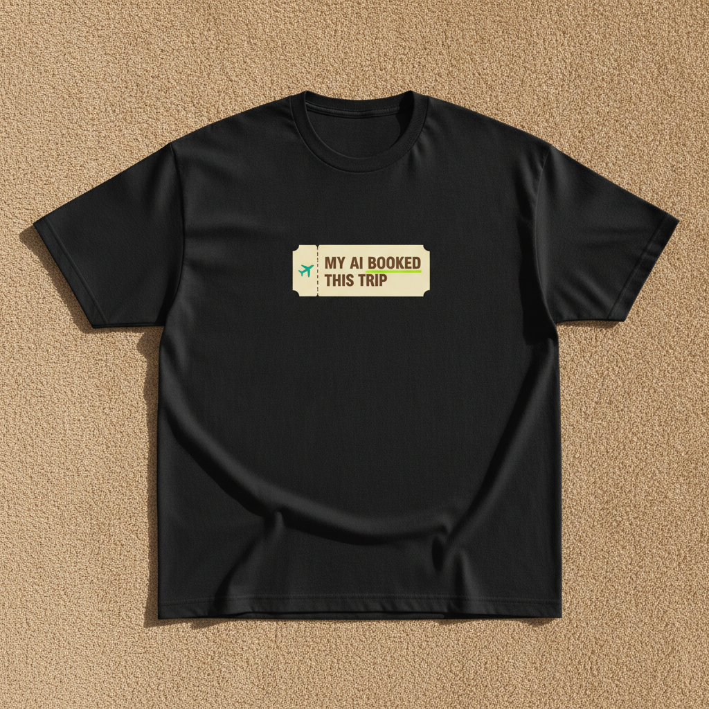 My AI Booked This Trip tee in black, printed with a small boarding pass reading MY AI BOOKED THIS TRIP, laid flat