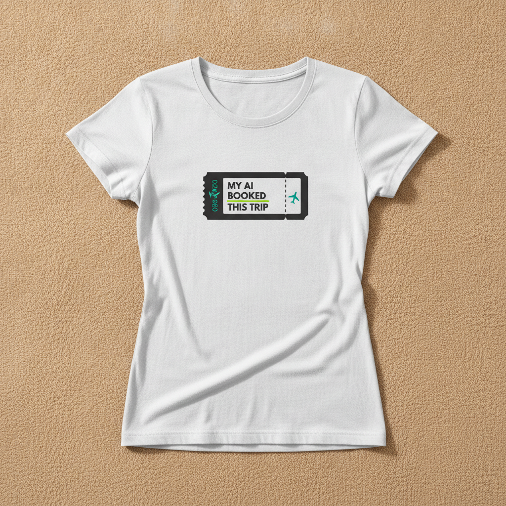 My AI Booked This Trip fitted tee in white, printed with a small black boarding pass reading MY AI BOOKED THIS TRIP, laid flat