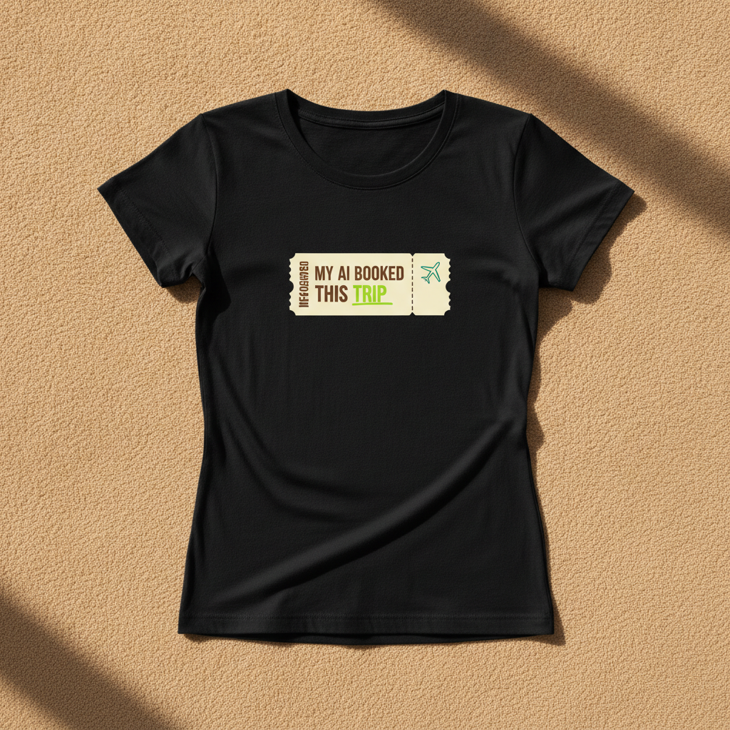 My AI Booked This Trip fitted tee in black, printed with a small boarding pass reading MY AI BOOKED THIS TRIP, laid flat
