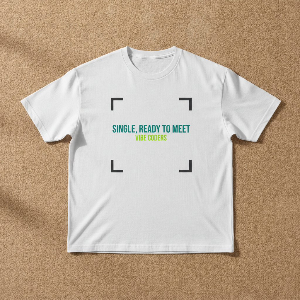 Single, Ready To Meet Vibe Coders tee in white, printed in teal and green inside black frame corners, laid flat