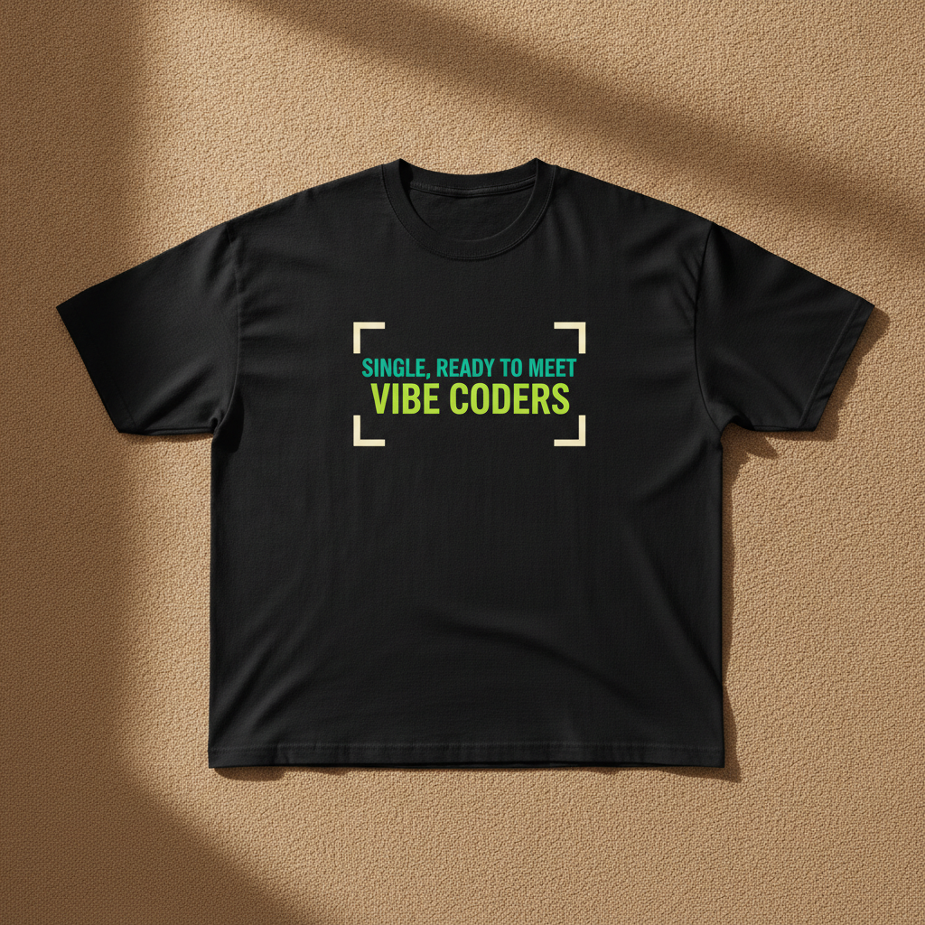 Single, Ready To Meet Vibe Coders tee in black, printed in teal and green inside cream frame corners, laid flat