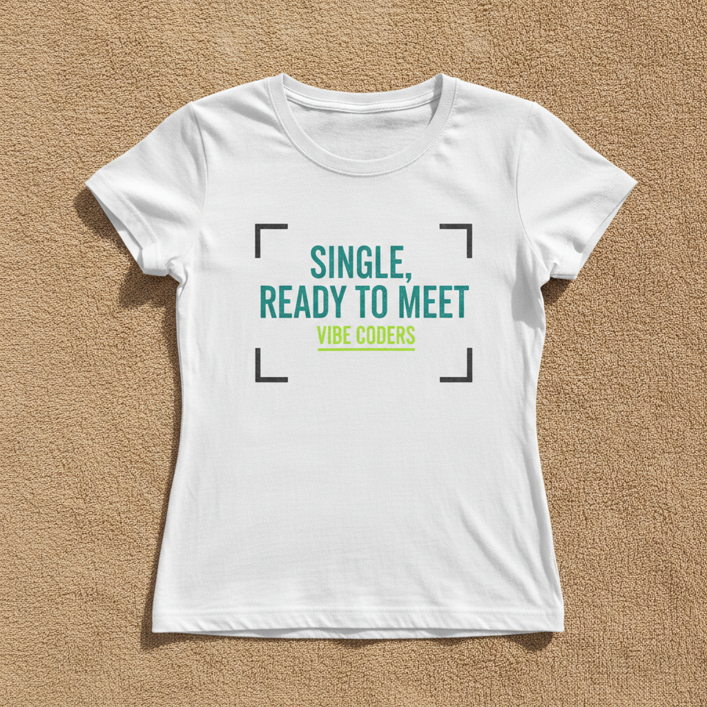 Single, Ready To Meet Vibe Coders fitted tee in white, printed in teal and green inside black frame corners, laid flat
