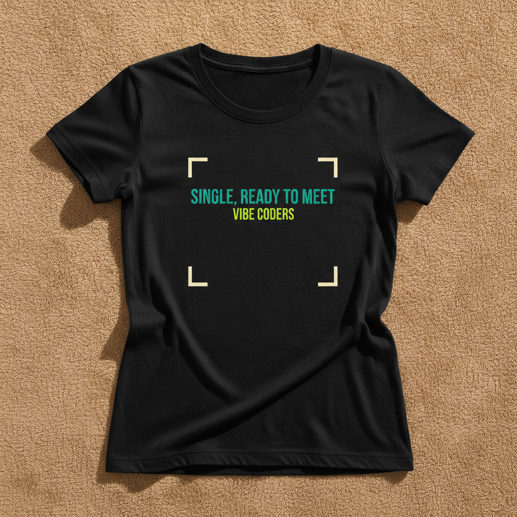 Single, Ready To Meet Vibe Coders fitted tee in black, printed in teal and green inside cream frame corners, laid flat