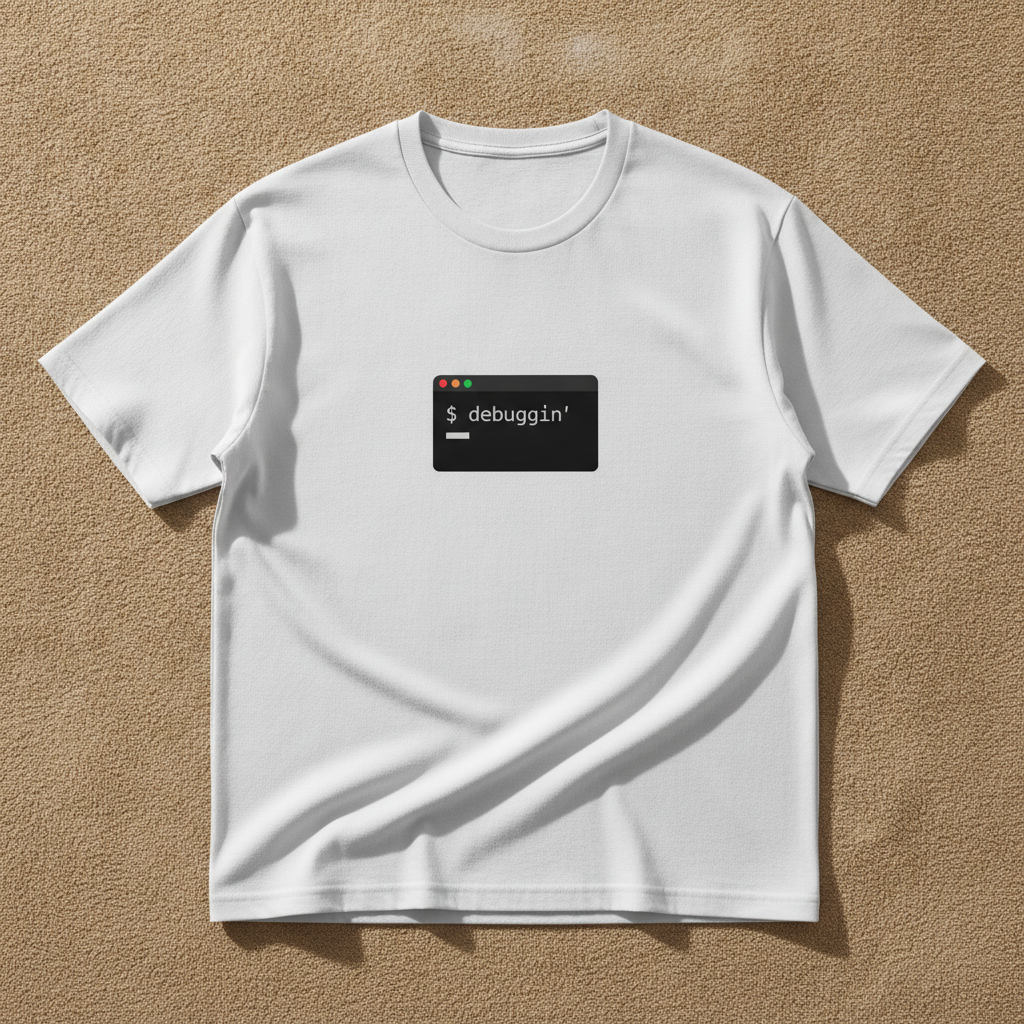 Debuggin' tee in white, printed with a black terminal window reading $ debuggin', laid flat on a tan background