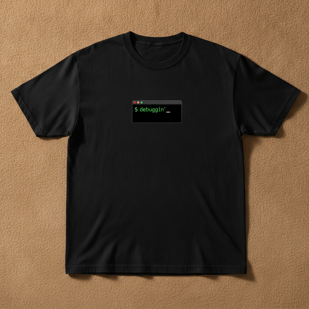 Debuggin' tee in black, printed with a small terminal window reading $ debuggin', laid flat on a tan background