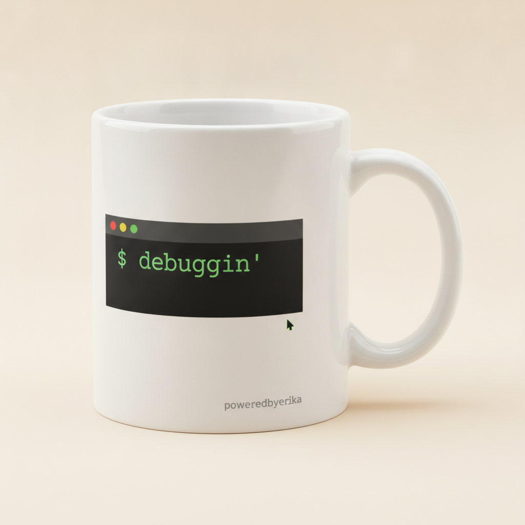 Debuggin' mug in white, printed with a small terminal window reading $ debuggin' in green
