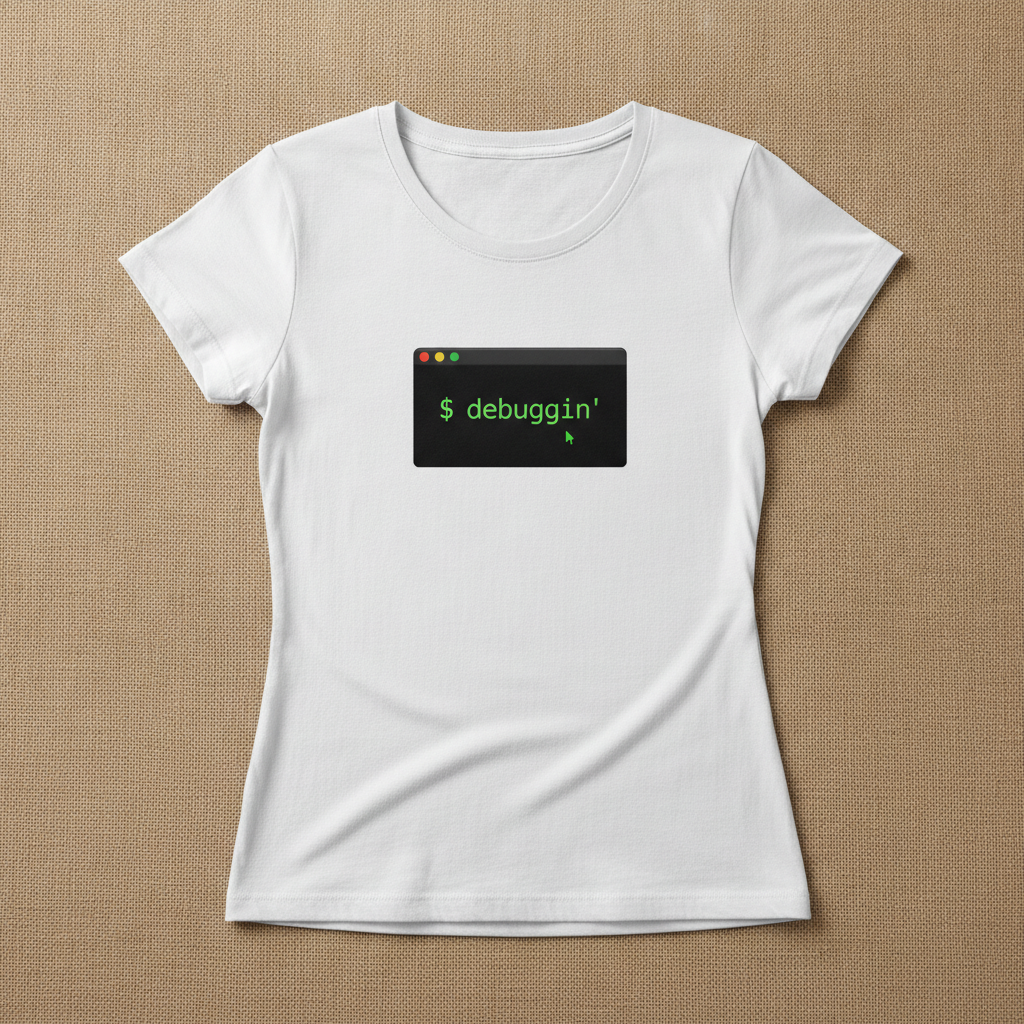 Debuggin' fitted tee in white, printed with a black terminal window reading $ debuggin', laid flat on a tan background