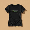 Debuggin' fitted tee in black, printed with a small terminal window reading $ debuggin', laid flat on a tan background