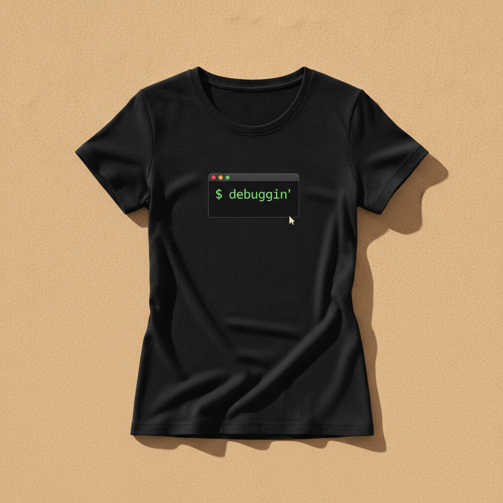 Debuggin' fitted tee in black, printed with a small terminal window reading $ debuggin', laid flat on a tan background