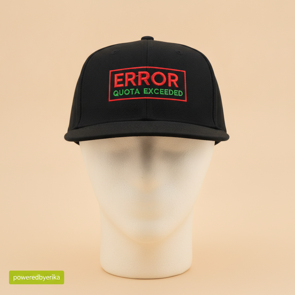 Token Usage Quota hat in black, embroidered with ERROR QUOTA EXCEEDED in red and green, on a foam mannequin head