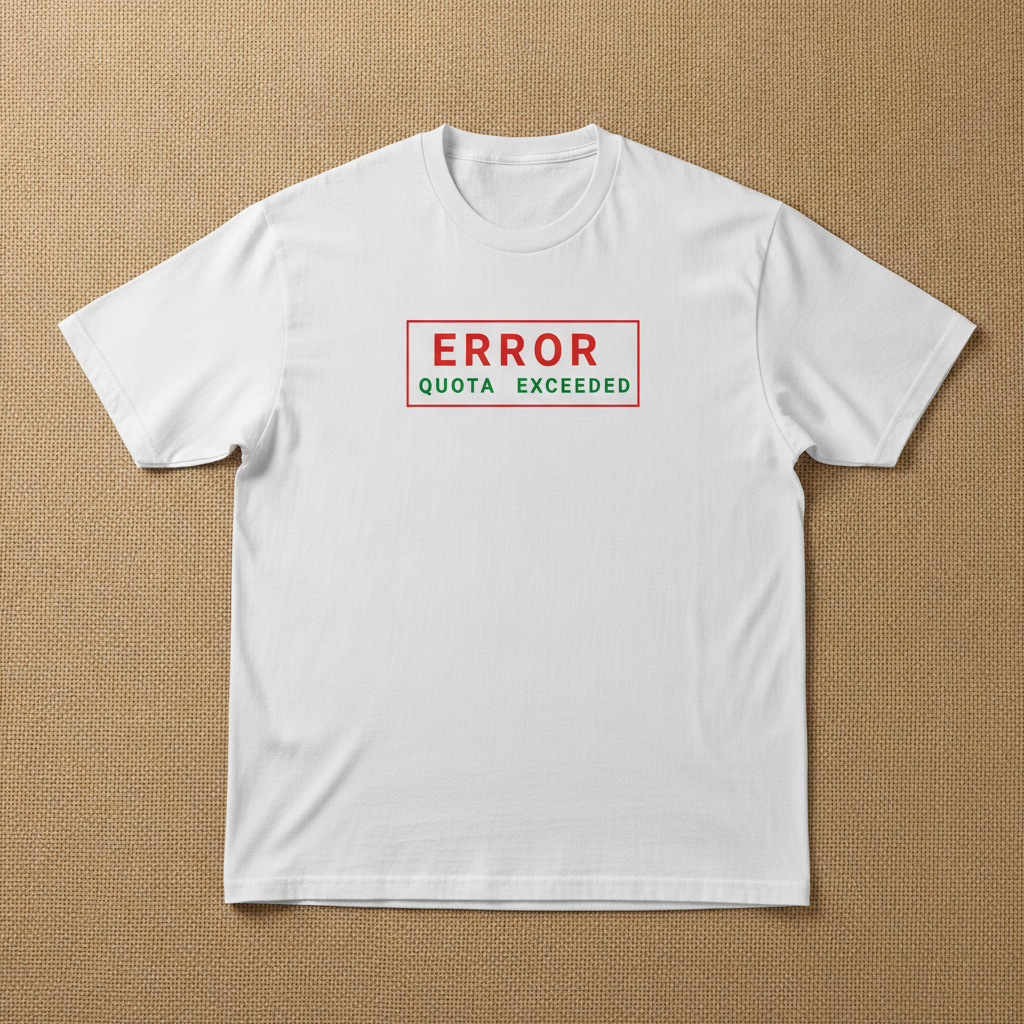 Token Usage Quota tee in white, printed with ERROR QUOTA EXCEEDED in red, laid flat on a tan background