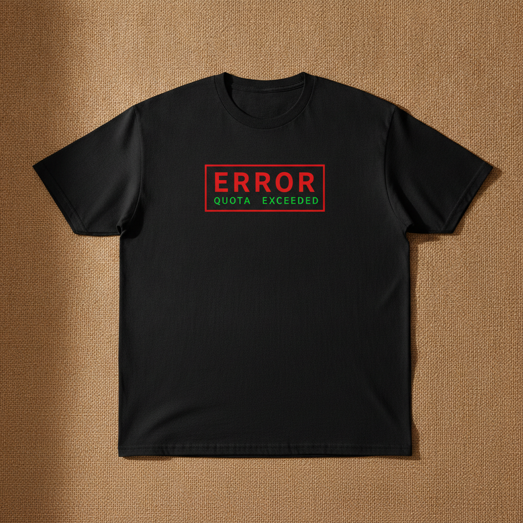 Token Usage Quota tee in black, printed with ERROR QUOTA EXCEEDED in red, laid flat on a tan background