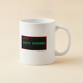 Token Usage Quota mug in white, printed with a black box reading ERROR QUOTA EXCEEDED in red and green