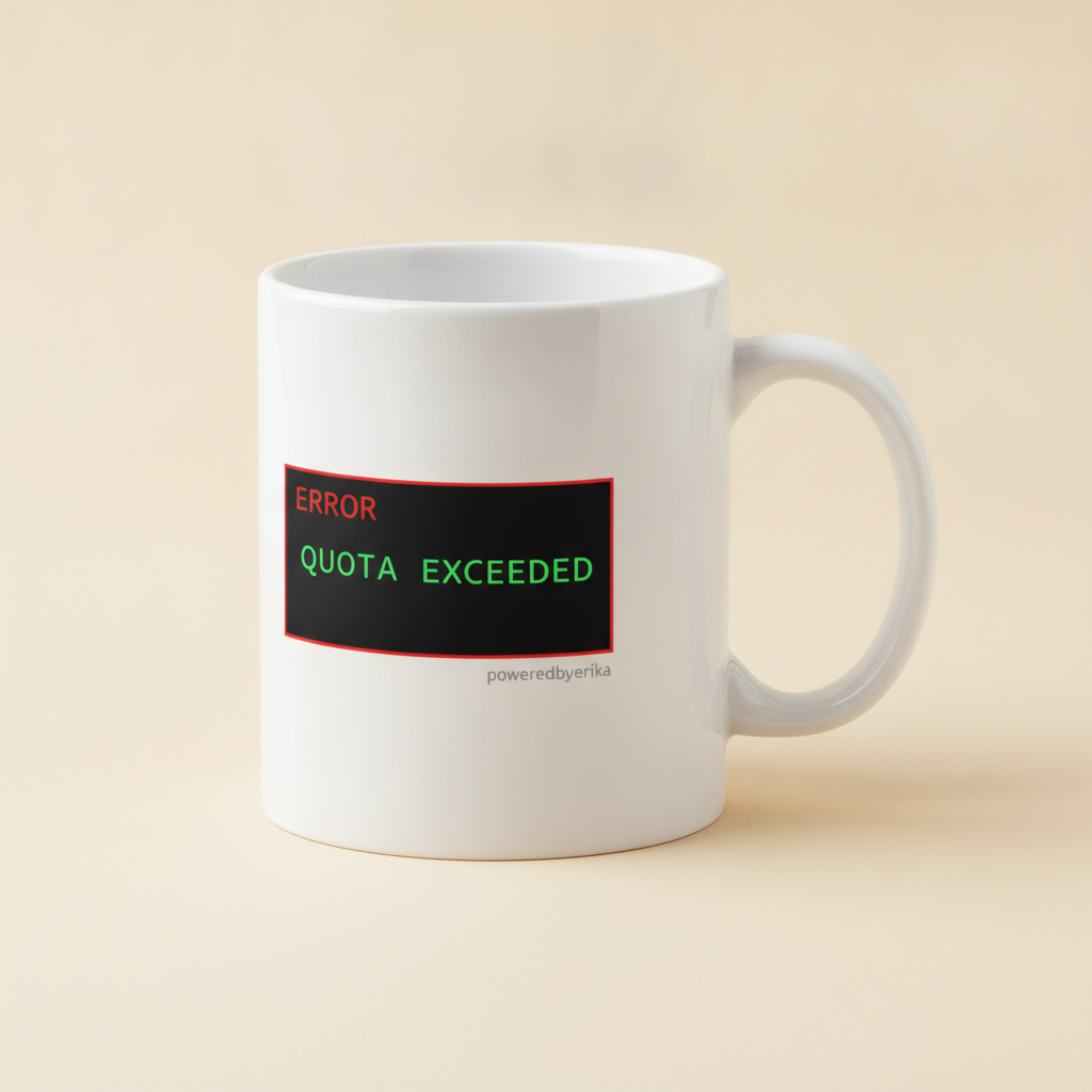 Token Usage Quota mug in white, printed with a black box reading ERROR QUOTA EXCEEDED in red and green