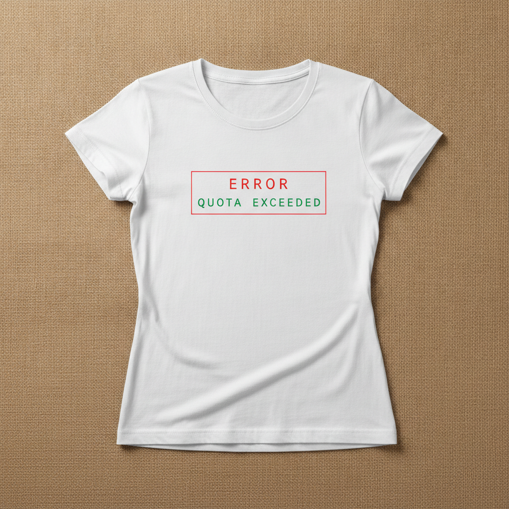 Token Usage Quota fitted tee in white, printed with ERROR QUOTA EXCEEDED in red and green, laid flat on a tan background